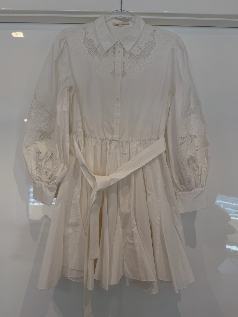 Maje White Embroidered Lace-Yoke Shirt Dress